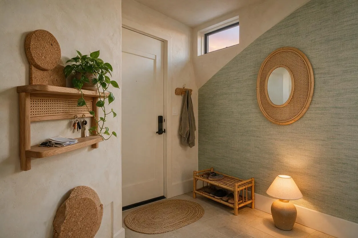 A serene entryway with white walls, a woven rattan shelf, cork wall accents, a round rattan-framed mirror, and a soft green textured accent wall. A small plant, woven bench, jute rug, and warm table lamp create a natural, inviting atmosphere.