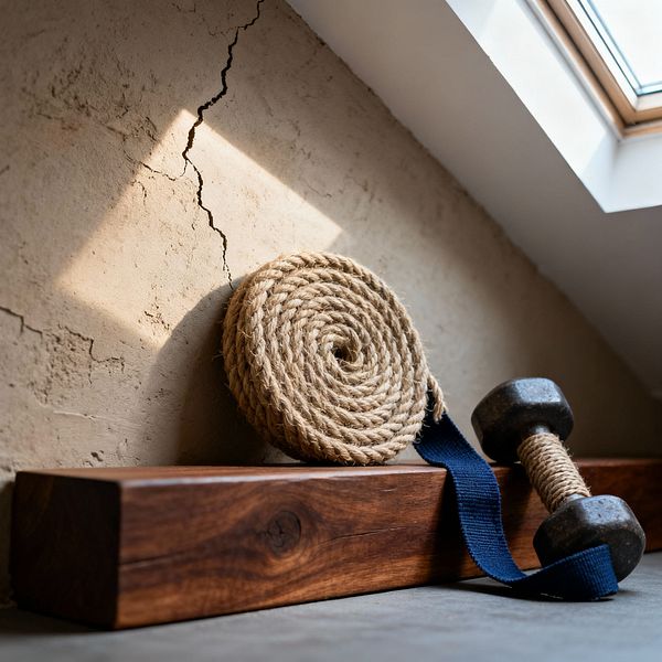A minimalist home gym vignette shows a coiled jute rope and a cast-iron dumbbell with a navy cotton strap resting on a thick walnut beam. Behind them, a raw clay-plaster wall with a visible crack catches warm light from a nearby skylight, casting soft shadows. A concrete floor and natural wood frame complete the scene, emphasizing texture, patina, and the beauty of imperfection.