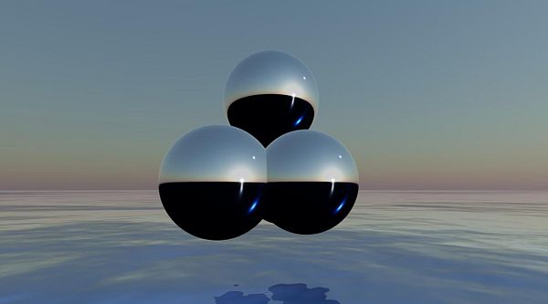 A digital artwork featuring a Y2K aesthetic with a pink-and-purple sky and glossy spheres on a wet surface that lacks water reflections.