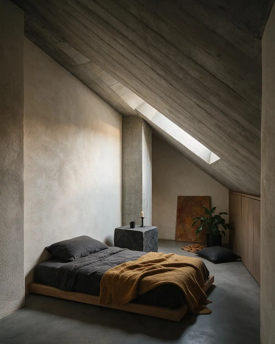 A moody bedroom with a low wooden platform bed dressed in dark gray bedding and a mustard throw, set beneath a sloped concrete ceiling with a skylight. The room features textured plaster walls, a central concrete column, a small stone side table with a candle, light wood cabinetry, a potted plant, and a muted gray floor.