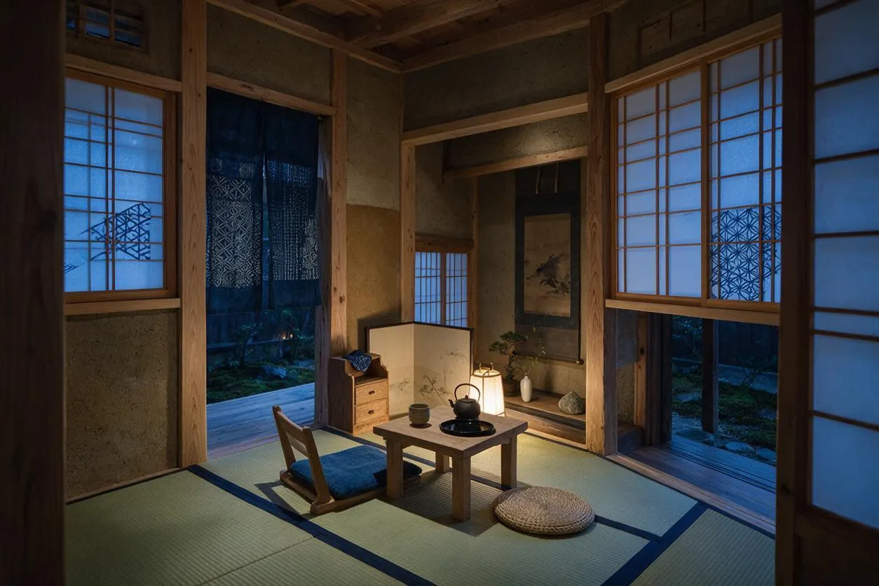 A tranquil Japanese Zen room with tatami mat flooring, a low wooden tea table, and a floor lantern casting warm light. Shoji-style wooden window grids frame the room, while a floor cushion, woven mat, and simple decor create a calm, minimalist atmosphere.