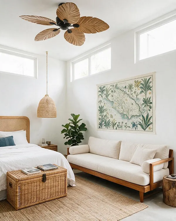 A bright studio apartment combines sleeping and lounging areas with a rattan headboard bed, a cream sofa with wood arms, and a woven pendant light. Tropical details include a palm-leaf ceiling fan, a botanical wall map, a leafy potted plant, and natural textures throughout.