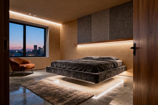A modern bedroom features a charcoal upholstered floating bed edged with under-bed LED lighting that reflects on a polished concrete floor. Warm beige plaster walls and ceiling are washed by concealed lights; a walnut ledge and three gray felt panels form the headboard; a cognac leather armchair sits by a large black-framed window at dusk, with a slim rug and matte black door hardware completing the minimalist space.