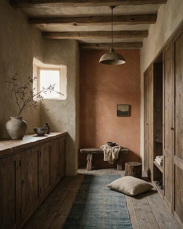 A narrow wabi-sabi style closet with rough plaster walls, exposed wooden ceiling beams, and weathered wood cabinetry. A small window brings in soft daylight, highlighting a rustic bench, ceramic vessels, a muted blue runner, and a simple pendant light.
