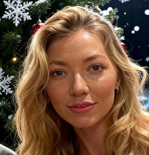 A close-up portrait of a woman with wavy blonde hair, set against a festive background.