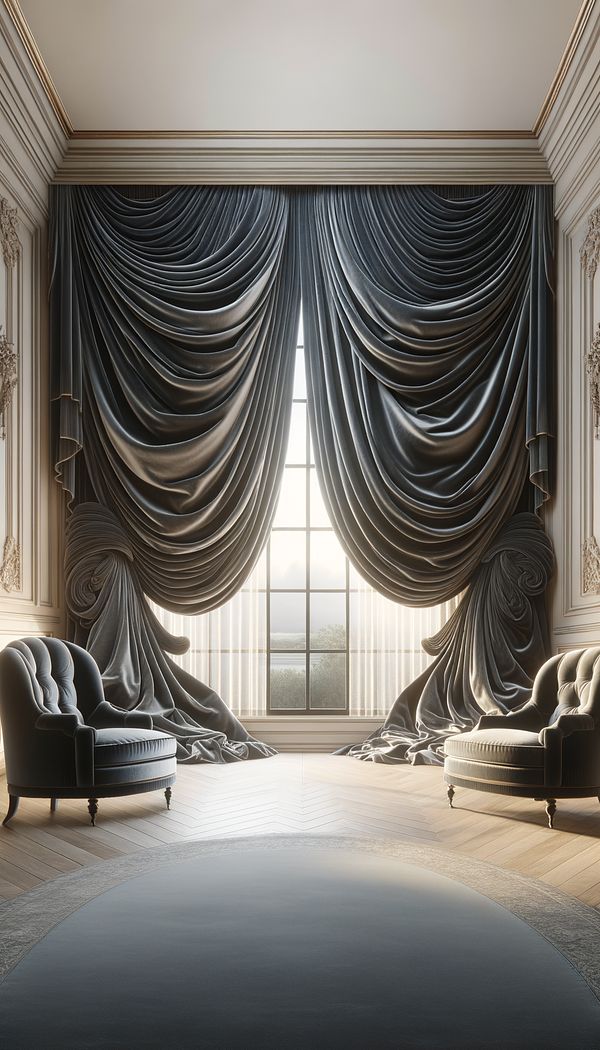 a luxurious living room with velvet Bishop’s Sleeve curtains framing a large window, showcasing the fabric's soft billowing folds and elegant drapery