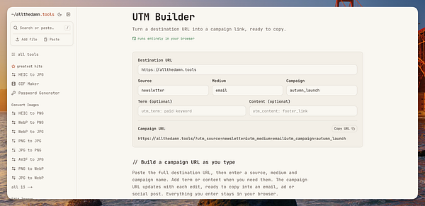 User interface of a UTM Builder web tool used to create campaign URLs by entering parameters like source, medium, and campaign.