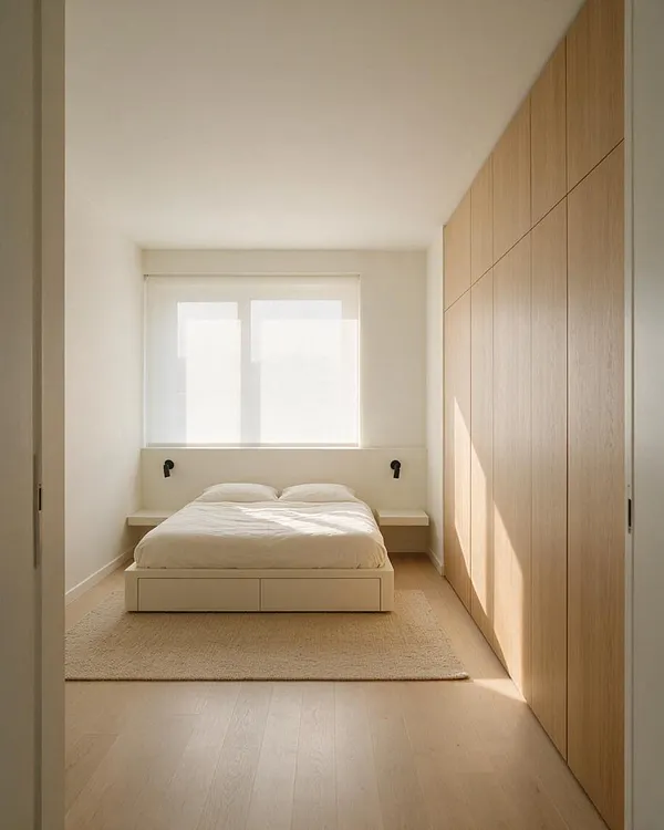 A serene minimalist master bedroom with a low platform bed dressed in white bedding, centered beneath a large window with sheer roller shade. Built-in light oak wardrobe panels line the right wall, and a textured beige rug softens the pale wood floor. Small black wall sconces add contrast on the white wall behind the bed.