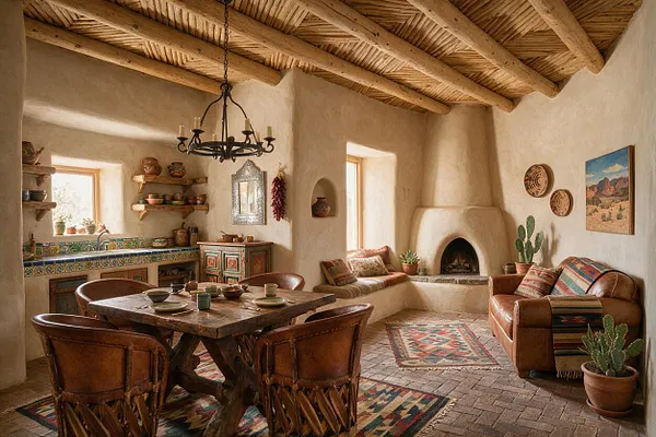 A cozy Southwestern-style basement with adobe walls, a rustic wood ceiling, and a black wrought-iron chandelier. The room features a leather sofa, woven chairs, a wooden dining table, colorful patterned rugs, tile accents, and a built-in fireplace niche.