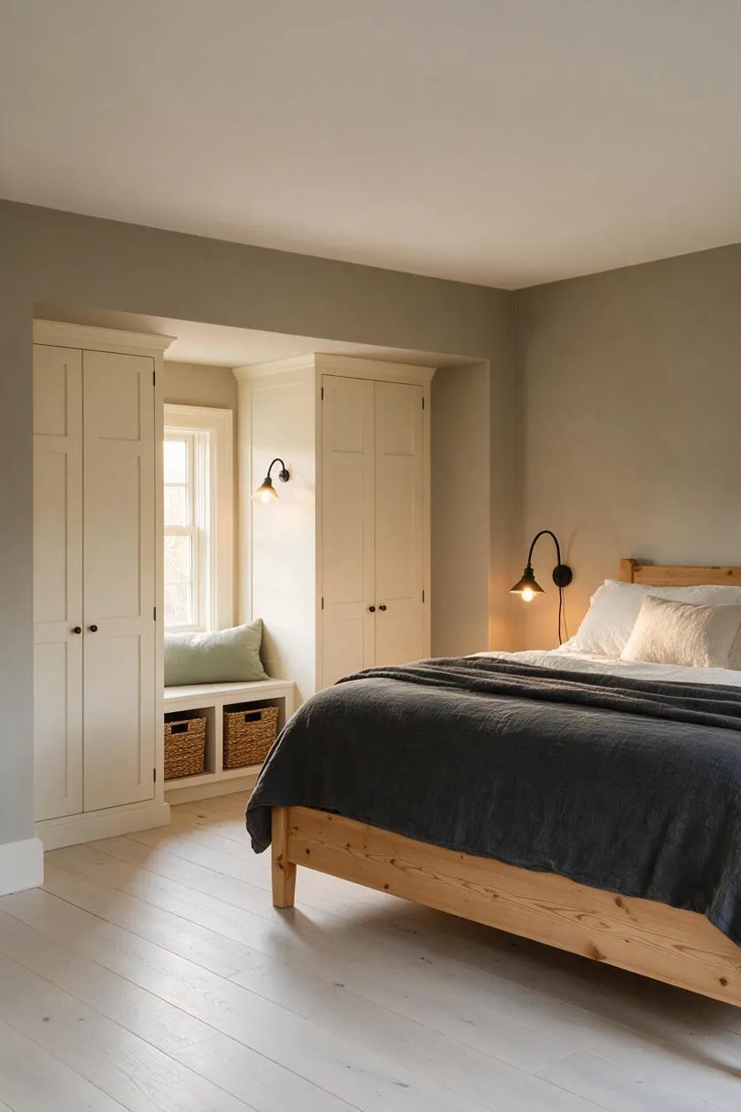 A farmhouse-style master bedroom with a light wood bed frame, dark charcoal bedding, and cream built-in wardrobes framing a window seat. Warm wall sconces, pale painted floors, and soft neutral walls create a calm, inviting atmosphere.
