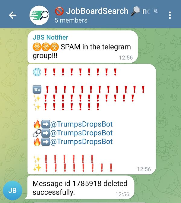 A Telegram chat displaying spam notifications and the successful deletion of a spam message.