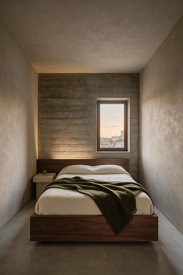 A narrow minimalist bedroom with smooth concrete walls and a textured concrete accent wall behind a low walnut platform bed. The bed is dressed in cream bedding with a dark olive throw, and a small stone bedside table sits beside a single window that brings in soft sunset light.