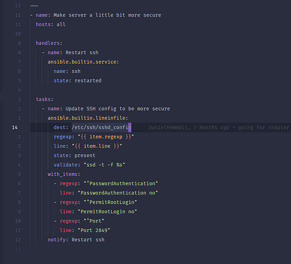 The image displays a code snippet for an Ansible playbook focused on enhancing SSH security settings.