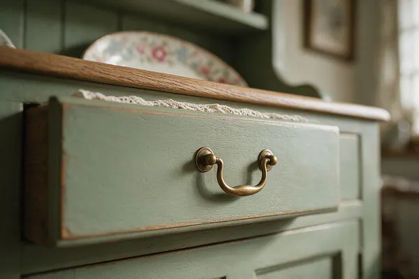 A close-up of a sage green painted wooden cabinet drawer with a curved brass pull and slightly worn edges. A lace trim and floral plate are visible on top, with a softly blurred cottage-style interior in the background.