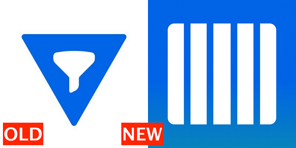 A comparison graphic showing the evolution from an old to a new 'telesink' logo with a vertical divider and hexagonal patterns.