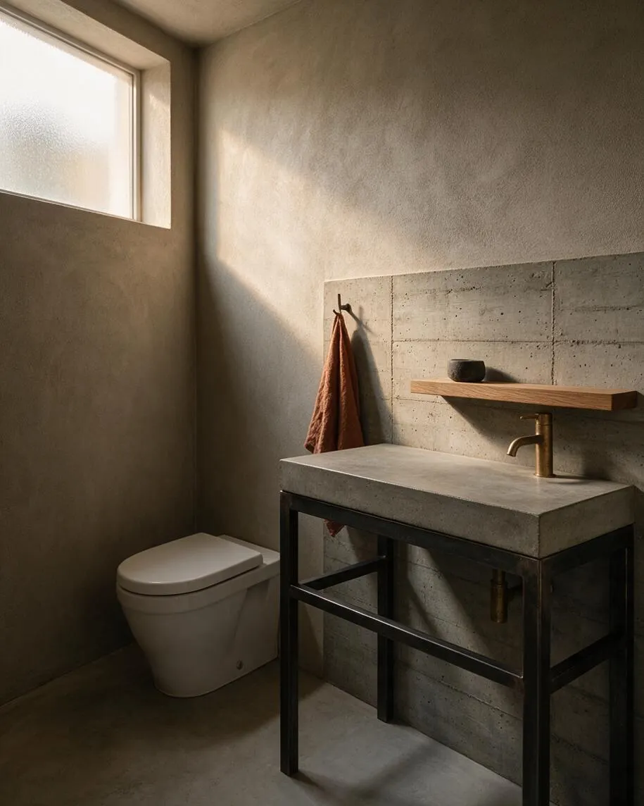A compact powder room with a raw concrete vanity, black metal frame, and brass faucet, set against plaster and concrete walls. A small frosted window brings in soft daylight, while a wood shelf, rust-colored towel, and minimalist toilet complete the Brutalist-inspired look.