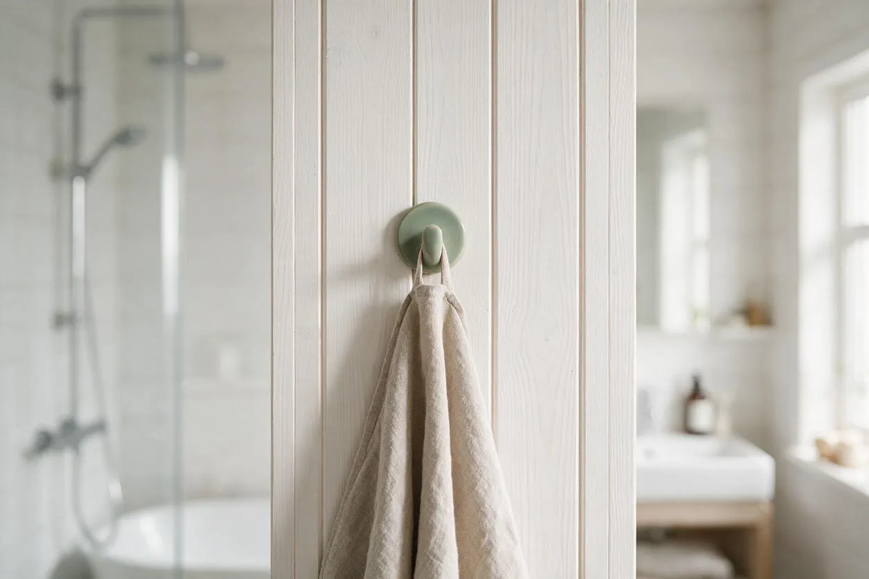 A bright Scandinavian bathroom with vertical painted wood paneling in the foreground, a sage green wall hook holding a beige towel, and a glass shower enclosure blurred in the background. Soft white finishes and natural light create a calm, minimal atmosphere.