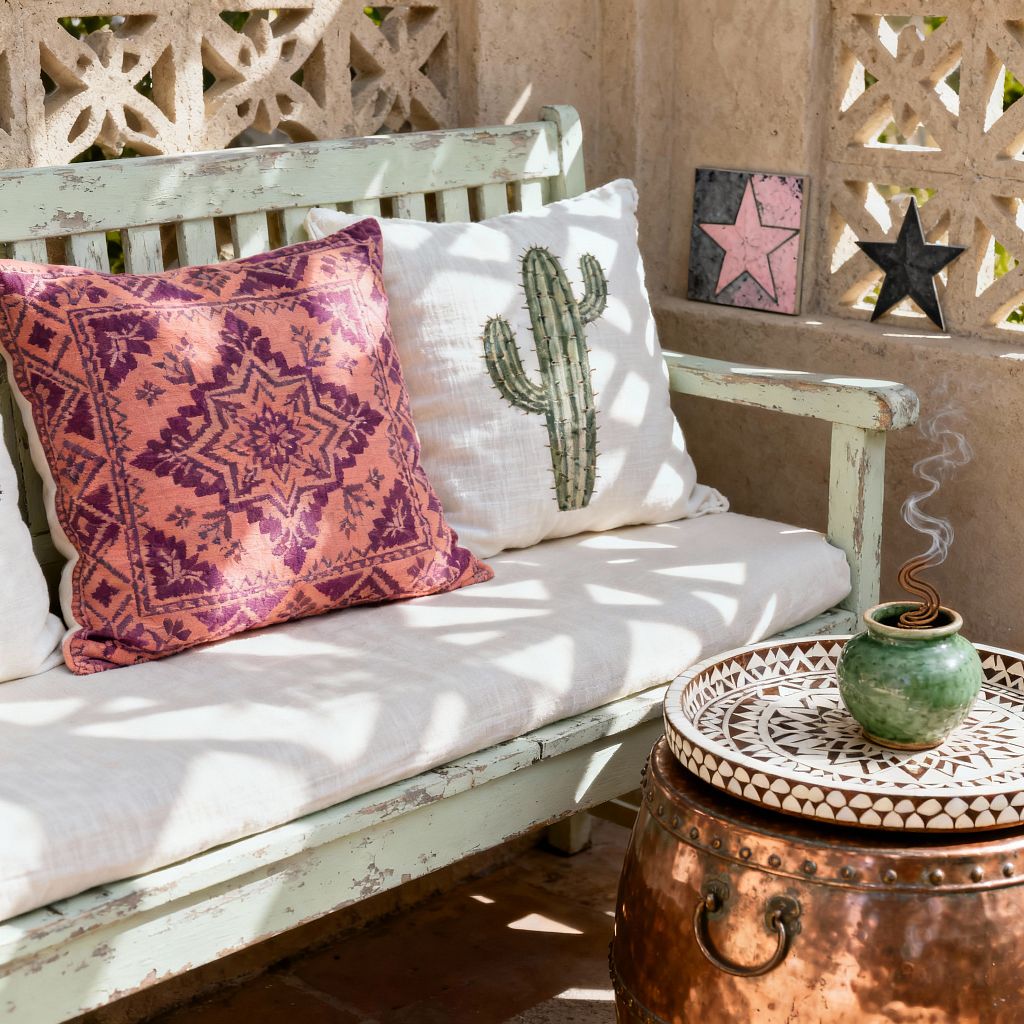 A sunlit patio shows a distressed mint-green wooden bench with an ivory cushion, styled with two pillows: one terracotta with plum geometric pattern and one white with an embroidered cactus. Beside it, a hammered copper drum acts as a table topped with a white-and-natural inlaid tray and a small green glazed incense pot releasing smoke. The backdrop features sandy stucco and decorative concrete breeze blocks, with star-shaped plaques resting on the ledge, while dappled shadows fall across the seating.
