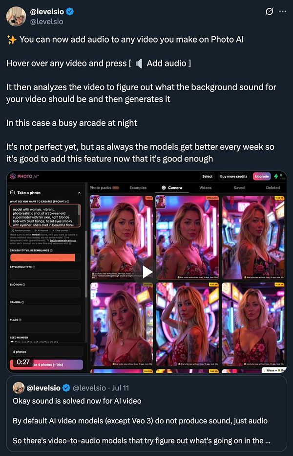 The image displays a user interface for the Photo AI application, showcasing the new feature that allows users to add audio to videos.
