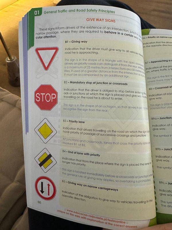 The image displays a page from a driving manual focused on give way signs and road safety principles.