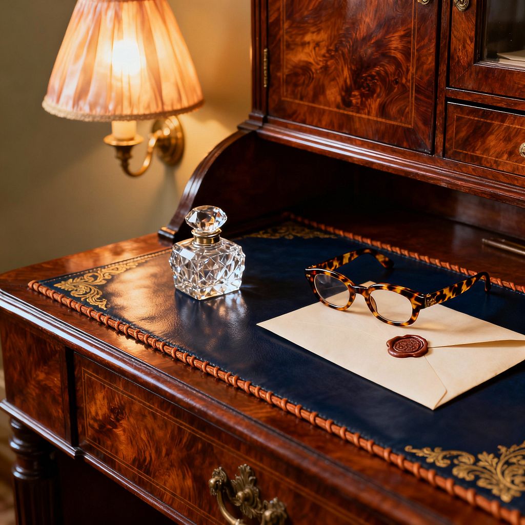 Close-up of a traditional home office secretary desk in burled wood with brass hardware and a navy leather writing surface trimmed with gold tooling. On the desk are a faceted crystal inkwell, a cream envelope sealed with red wax, and tortoiseshell reading glasses, while a brass wall sconce with a pleated fabric shade casts warm light across the glossy veneer and carved detailing.