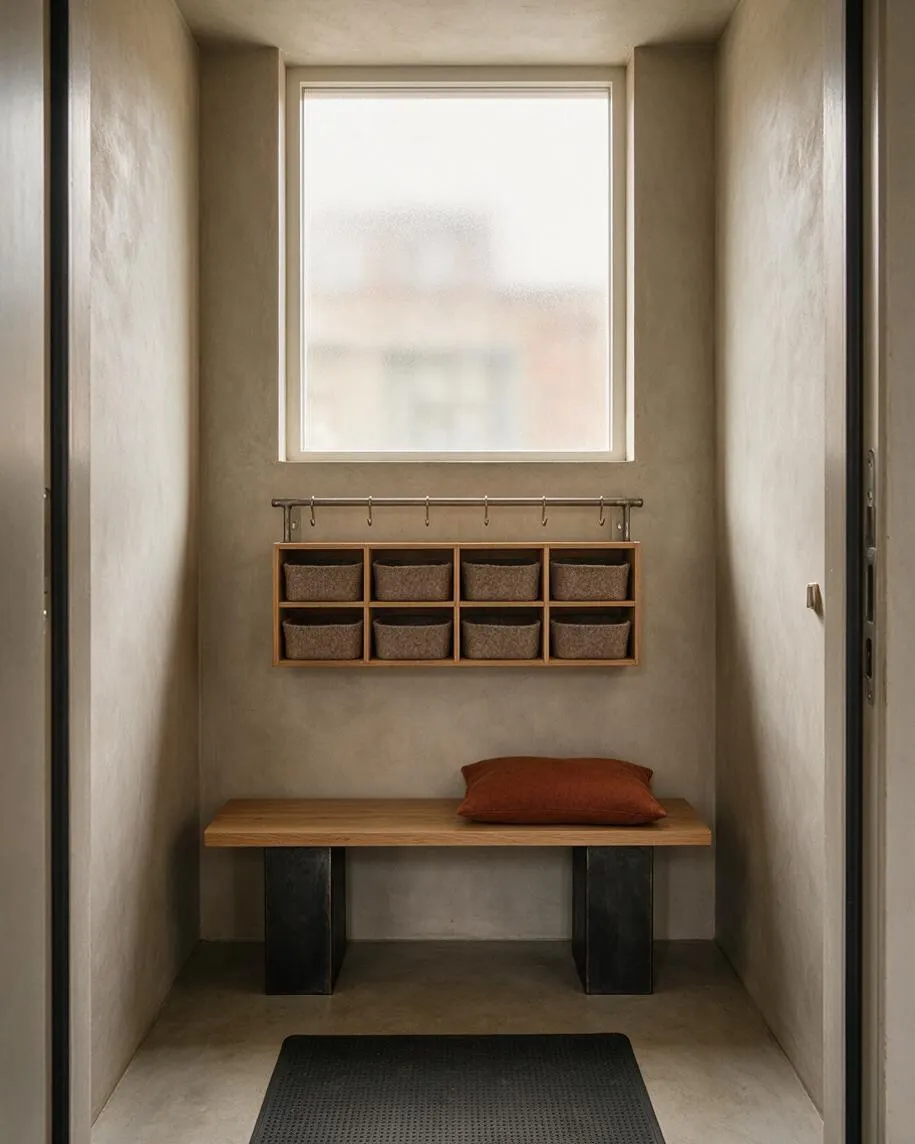 A narrow mudroom with plastered beige walls, a frosted window, and a simple wood bench supported by dark blocky legs. Above the bench is a metal rail with small woven storage baskets, and a rust-colored cushion adds warmth to the restrained, utilitarian space.