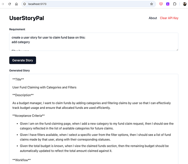 The image displays a web interface for generating user stories related to fund management.
