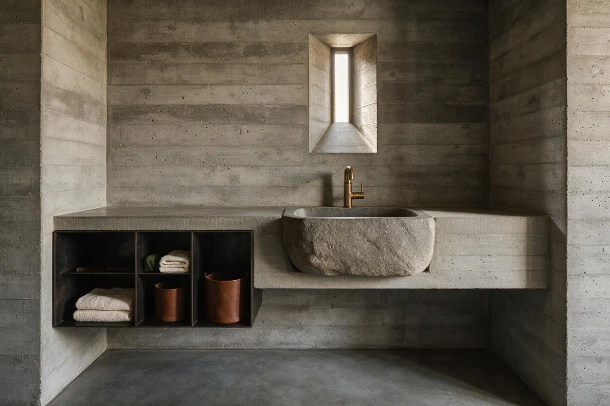 A minimalist laundry room with exposed concrete walls, ceiling, and floor, featuring a thick concrete counter and a sculptural stone sink with a brass faucet. Open black shelving on the left holds folded towels and copper-toned containers, while a narrow vertical window brings in soft natural light.