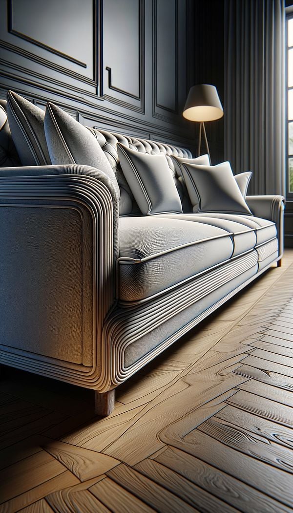 An elegant sofa with contrasting welting along its cushions, placed in a beautifully designed living room, showcasing how welting adds sophistication and detail to furniture.