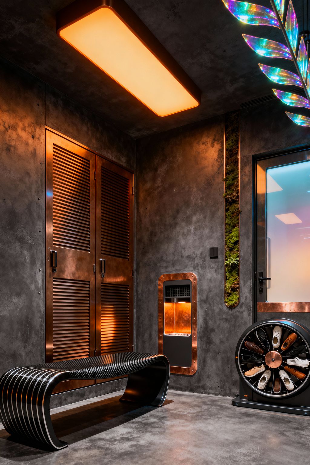 A futuristic mudroom with charcoal microcement walls features a warm rectangular ceiling light and copper louvered storage doors. A black carbon-fiber bench sits beside a circular shoe carousel, while a recessed copper-trimmed niche with a vent glows orange; a frosted gradient glass door with black hardware stands to the right, an iridescent leaf-like LED fixture peeks from above, and a narrow living moss strip softens the industrial palette.