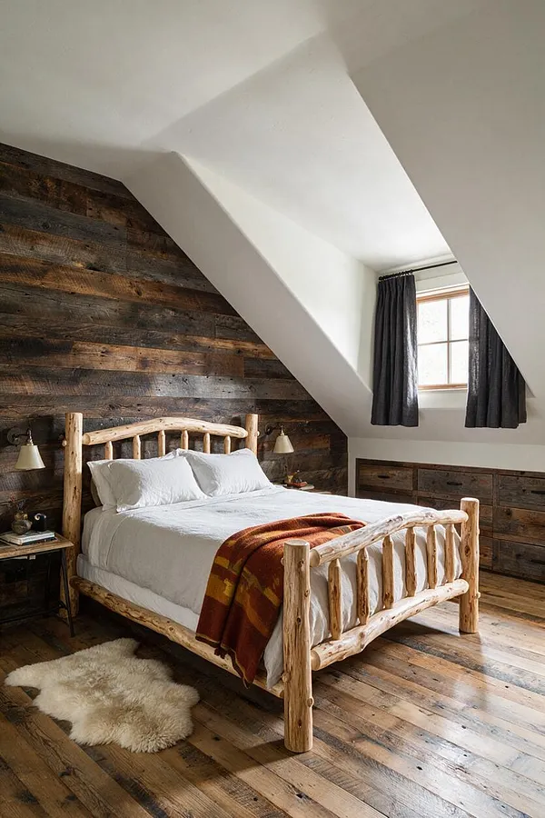 A rustic master bedroom with a log-style wooden bed centered on a weathered plank floor. The dark reclaimed wood accent wall contrasts with crisp white bedding, black curtains, and a small window set into the sloped ceiling.