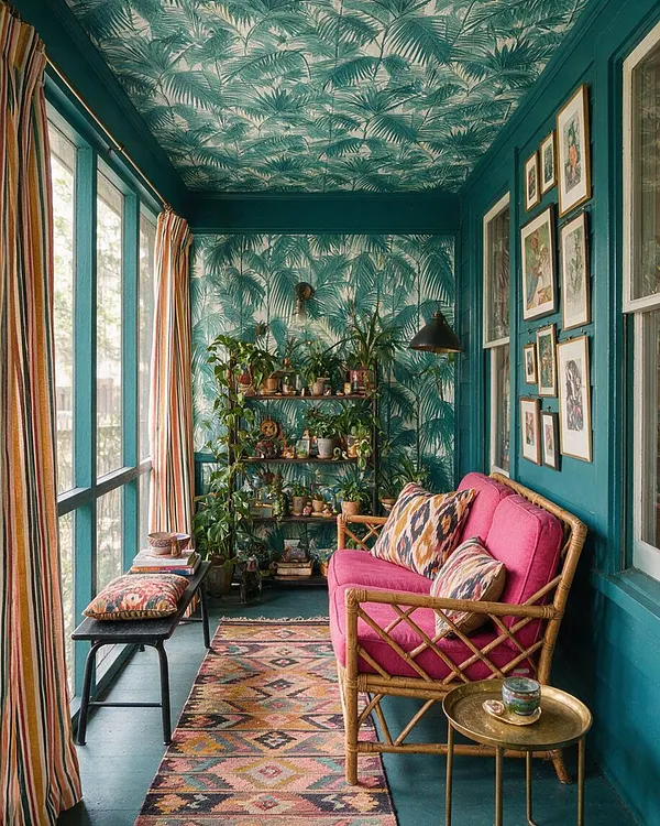 A vibrant front porch enclosed with teal-painted walls and a matching palm-print ceiling. The space features a bamboo loveseat with bright pink cushions, layered patterned pillows, a colorful runner rug, striped curtains, gallery-framed artwork, and shelves filled with plants and decorative objects.