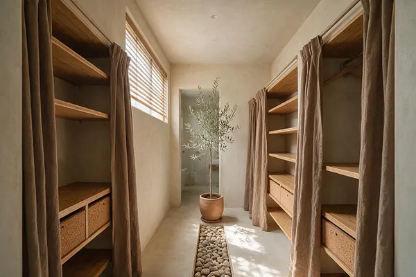 A narrow closet dressing area with open wooden shelving on both sides, partially concealed by soft linen curtains. A small potted tree stands at the end of the room beside a doorway, while a window with wooden blinds brings in natural light over a pebble floor detail.