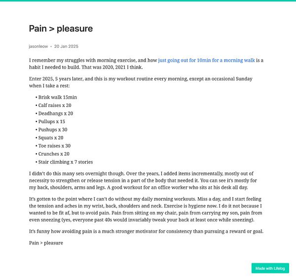 A personal reflection on the importance of morning exercise and a detailed workout routine.