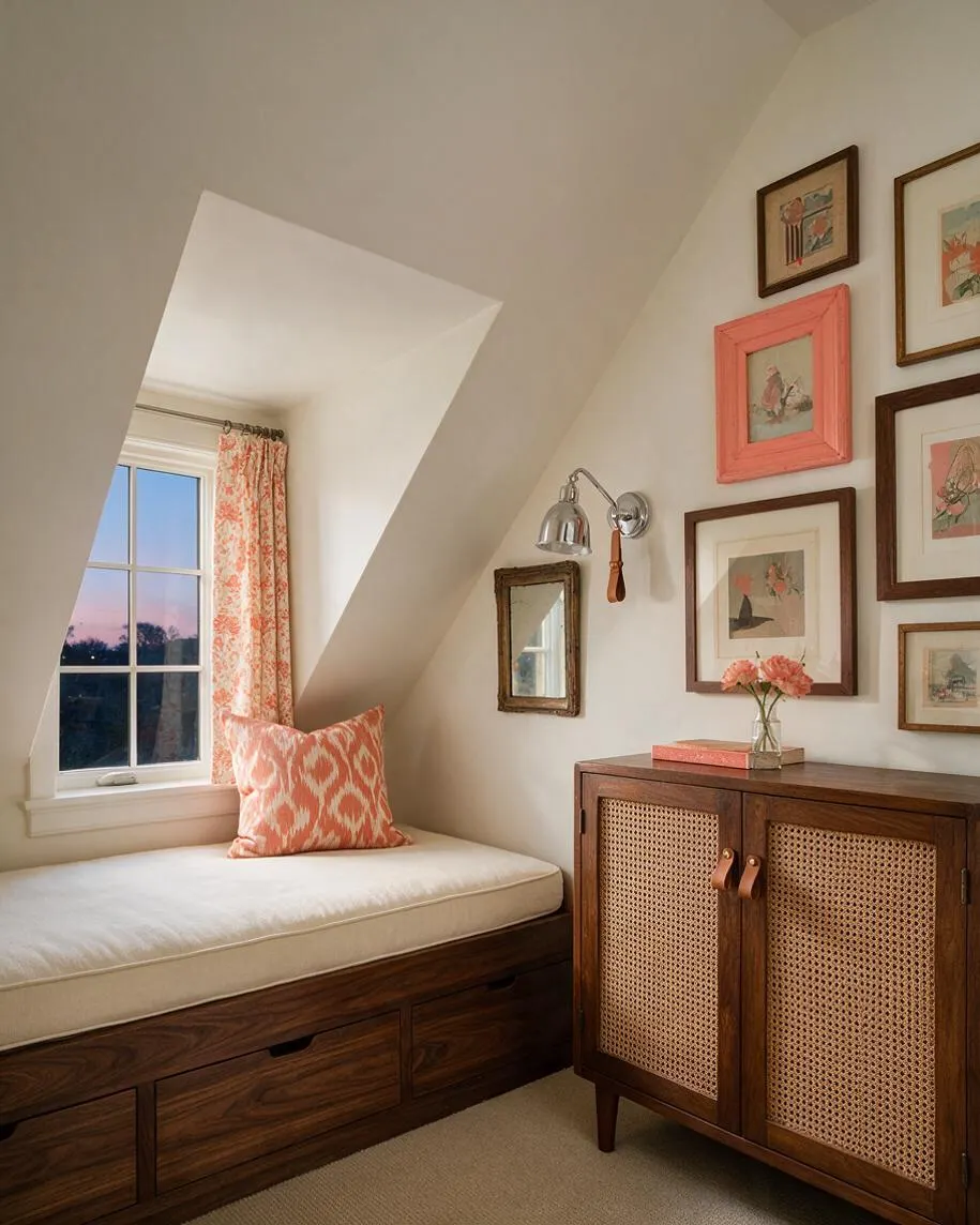 A small guest bedroom with a built-in window daybed, cream cushions, and a coral patterned pillow beneath a sloped ceiling. Framed artwork fills the wall above a dark wood cabinet with cane doors, while a brass wall lamp and floral curtains add warmth and personality.