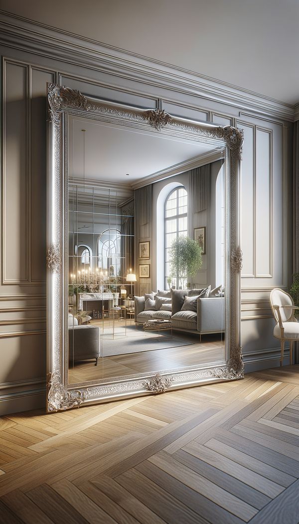 An elegantly framed, large wall mirror hung on a living room wall, reflecting a spacious and well-lit room.