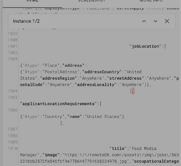 The image displays a code snippet related to job location and applicant requirements in a JSON-like format.