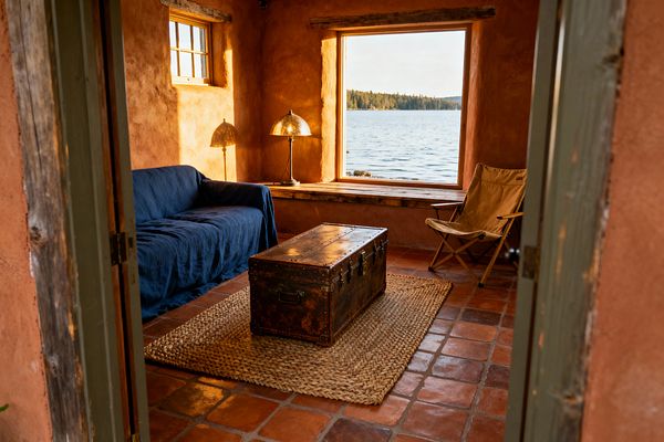 Rustic living room with clay-plaster walls and terracotta tile floors facing a large wood-framed window overlooking a lake. A deep-blue slipcovered sofa sits to the left, a tan canvas folding chair to the right, and a weathered metal steamer trunk rests on a woven jute rug at center; a thick timber windowsill doubles as a bench, with a hammered brass lamp casting warm light.
