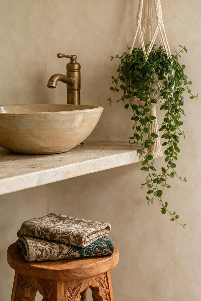 A bohemian bathroom vignette with a beige stone vessel sink on a pale shelf, paired with an aged brass faucet. A trailing green plant hangs in a macramé holder beside the sink, and folded patterned textiles sit on a carved wooden stool below against a warm plaster wall.