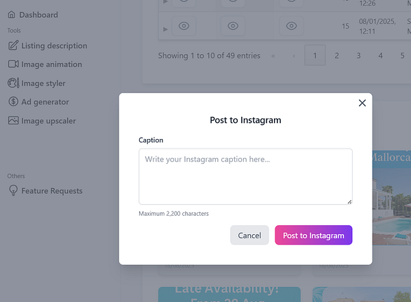 A modal window for posting to Instagram is displayed within a dashboard interface.
