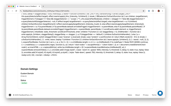 The image displays a webpage interface from FeedbackFace, showing a script and domain settings for the website rinas.io.