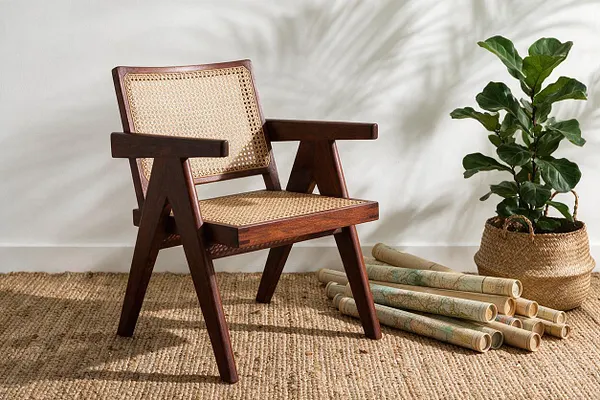 A tropical-style accent chair with a dark stained wooden frame and woven cane seat and back sits on a natural jute rug. Beside it are rolled maps or bamboo tubes and a leafy potted plant in a woven basket, against a clean white wall with soft plant shadows.