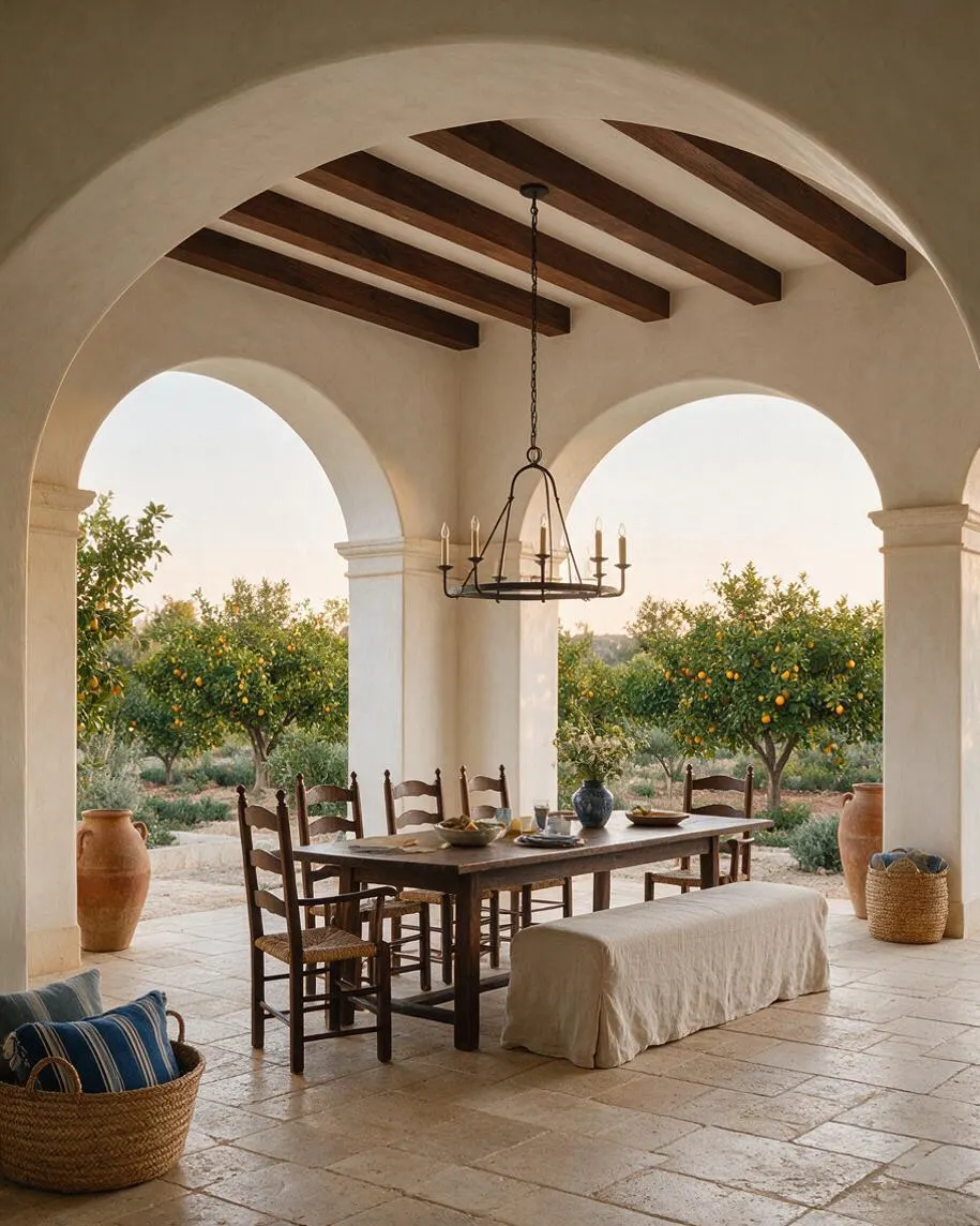 A Mediterranean-style patio with large stucco arches, exposed dark wood ceiling beams, and a wrought iron chandelier overhead. A rustic wooden dining table with matching chairs sits on stone tile flooring, with a linen-covered bench and woven baskets nearby, opening to an orchard of citrus trees beyond.