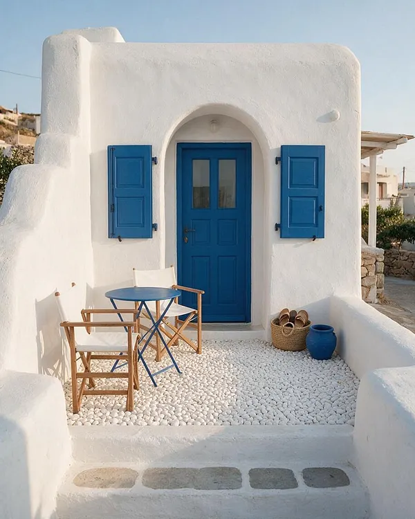 A small Mediterranean front porch with smooth white stucco walls, a cobalt blue door, matching blue shutters, and a pebble-stone floor. Two wooden folding chairs and a small round blue table sit beside a woven basket and blue ceramic pot, creating a simple, sunlit outdoor seating area.