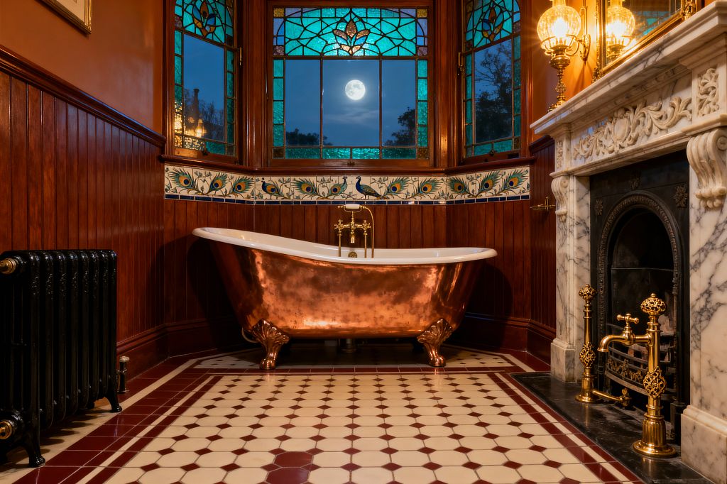 Victorian bathroom with a hammered copper clawfoot tub centered before a stained-glass bay window, a full moon visible outside. Dark wood wainscoting and a peacock-pattern tile frieze encircle the room; a burgundy-and-cream geometric tile floor, marble fireplace with cast-iron insert, brass fittings, globe sconces, and a black radiator complete the richly lit scene.