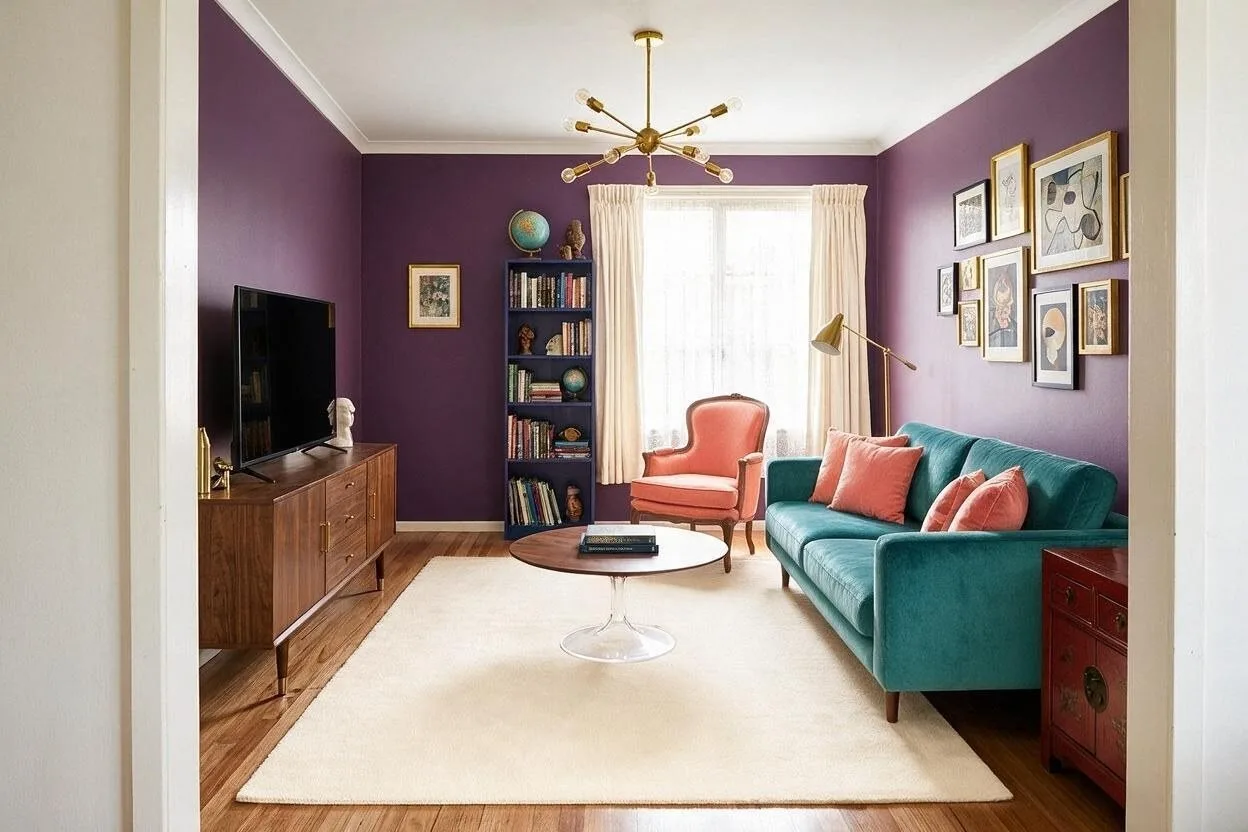 The same Eclectic living room in the Plum and Teal palette: plum, teal, cream, brass, and coral
