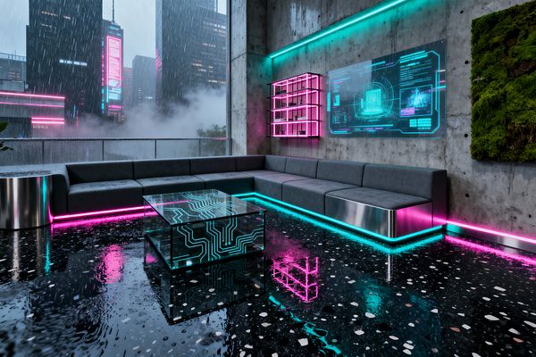 A cyberpunk living room with floor-to-ceiling windows overlooks a rainy cityscape of neon signs. Inside, a long gray sectional with stainless bases is underlit in cyan and magenta, facing a glass coffee table printed with circuit patterns on a glossy black terrazzo floor; raw concrete walls carry a glowing shelf and a transparent digital screen, while a moss panel adds greenery.