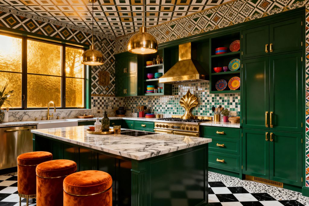 Kitchen with deep emerald green cabinetry, brass hardware, and a brass range with matching hood beneath a mosaic green tile backsplash. A large marble-topped island faces three burnt-orange velvet stools, with two brass dome pendants above. Black-and-white checkerboard flooring meets patterned walls and a geometric ceiling, while amber-textured windows glow over a white farmhouse sink and marble counters. Open shelves display colorful plates and bowls.