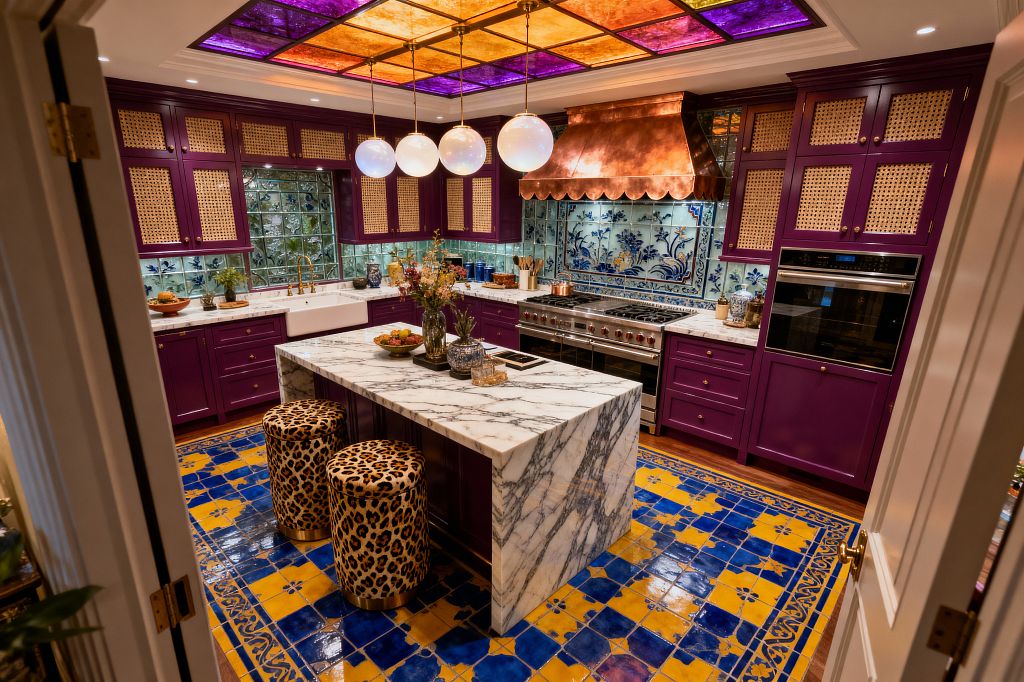 A vibrant maximalist kitchen features deep purple cabinets with cane-front doors and brass hardware around a white marble waterfall island paired with two leopard-print stools. A scalloped copper hood tops a pro stainless range against a blue-and-white floral tile backsplash, with glossy cobalt and mustard floor tiles, a farmhouse sink under a glass-block window, and a ceiling of purple and amber stained-glass panels lit above round pendants.