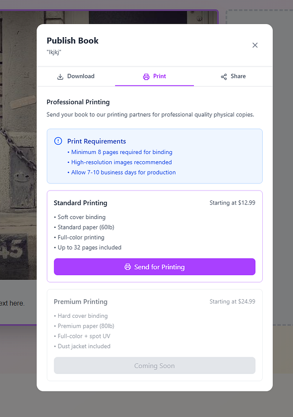 The image displays a user interface for publishing a book with options for professional printing.